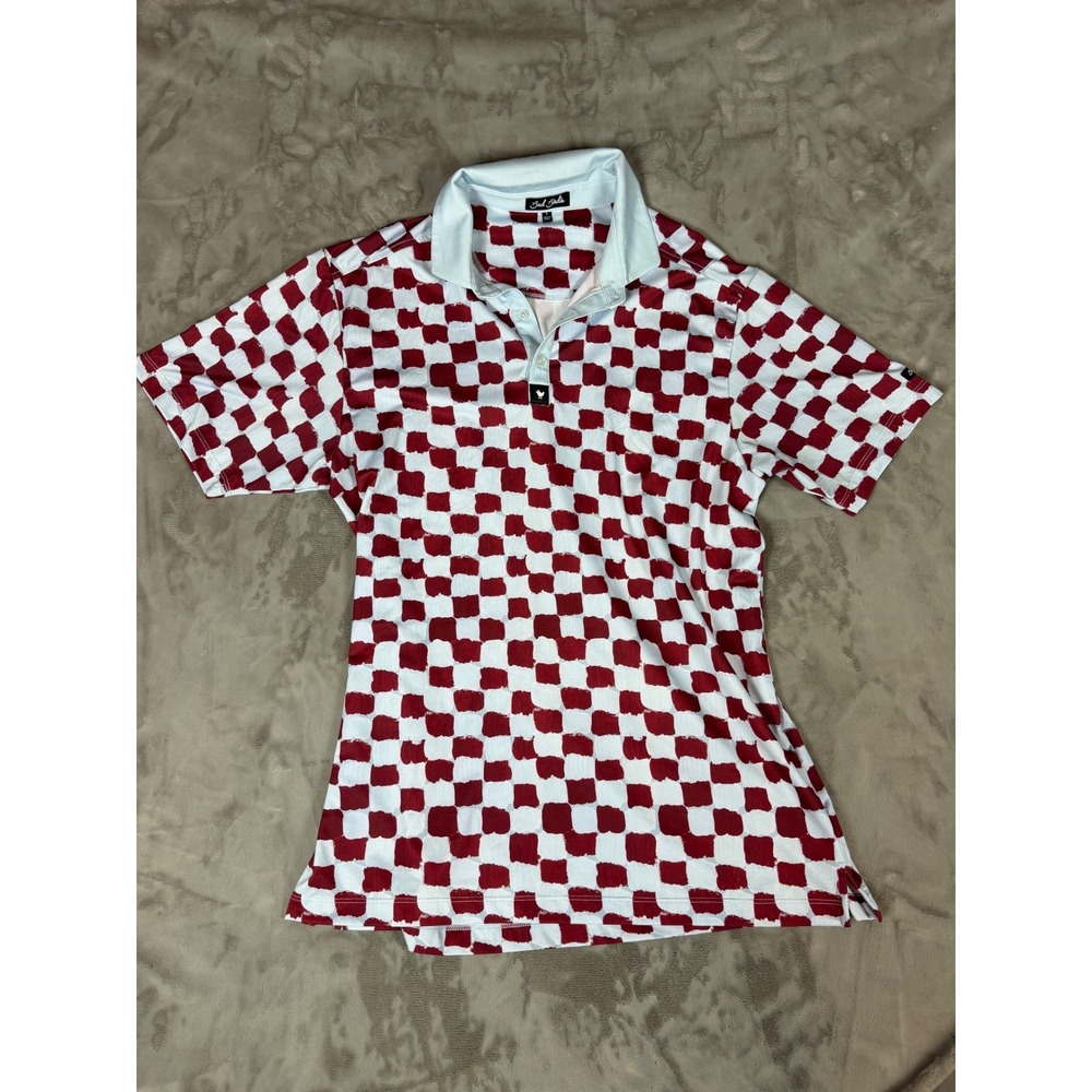 Bad Birdie Mens Golf Polo Shirt Large Red White Checkered Performance Stretch
